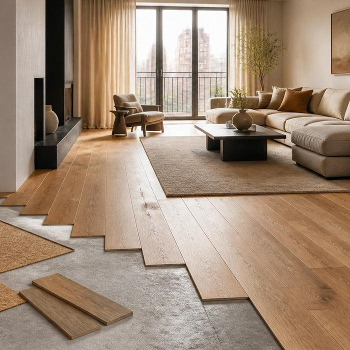 Stijlvolle appartementwoonkamer met houten vloer, zicht op ondervloer en rustige premium uitstraling.