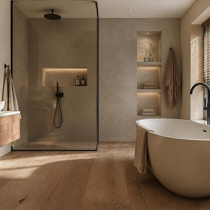 Stijlvolle badkamer met houten vloer, vrijstaand bad en warme natuurlijke materialen in rustig daglicht.