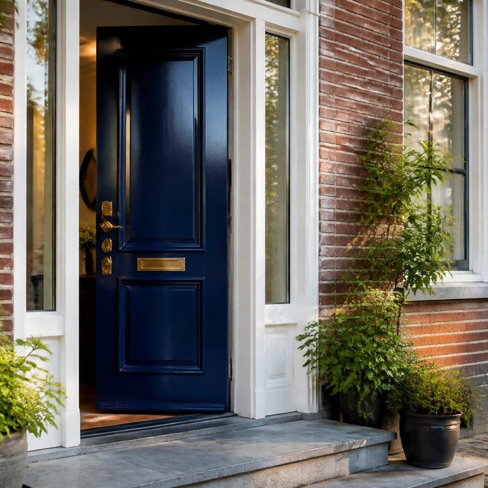 Stijlvolle Nederlandse entree met een strak geschilderde buitendeur in warm daglicht