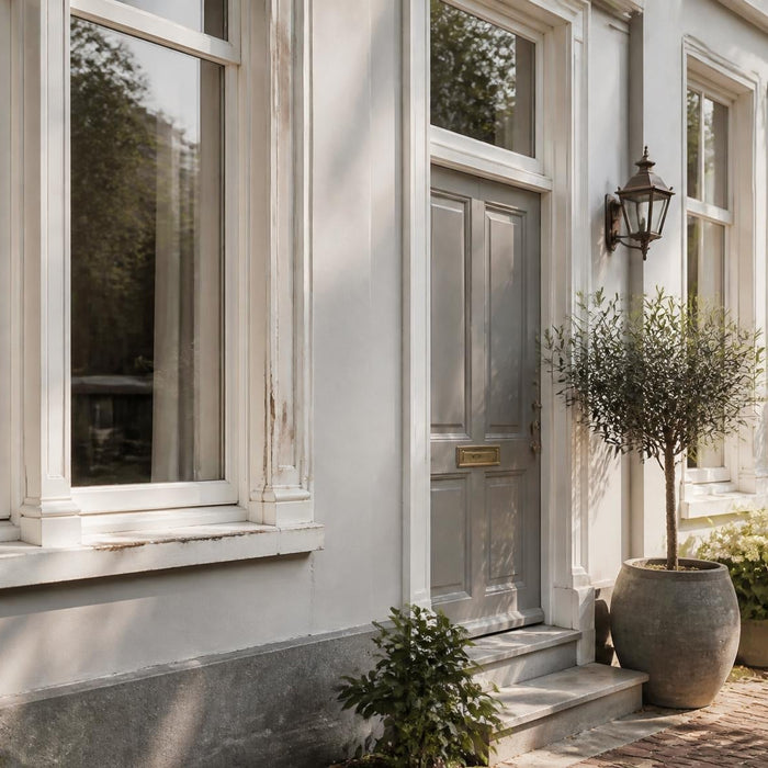 Stijlvolle woninggevel met houten kozijnen waarbij plaatselijk afbladderende verf zichtbaar is in warm daglicht