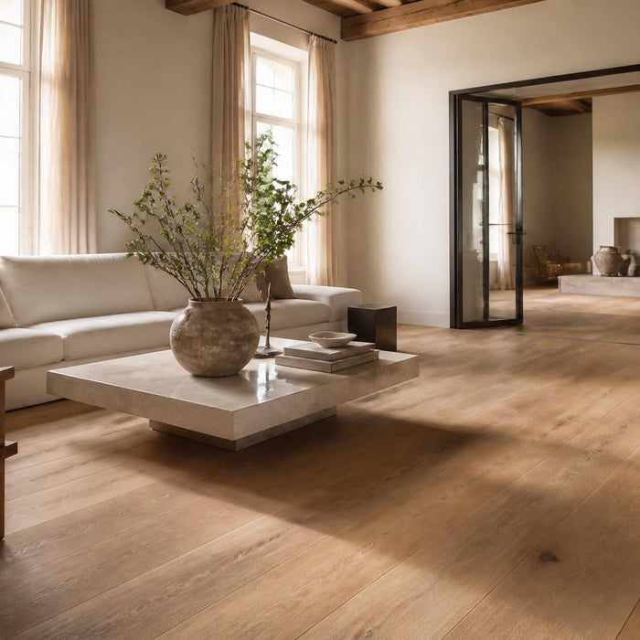Stijlvolle woonkamer met een gerenoveerde houten vloer in warm daglicht
