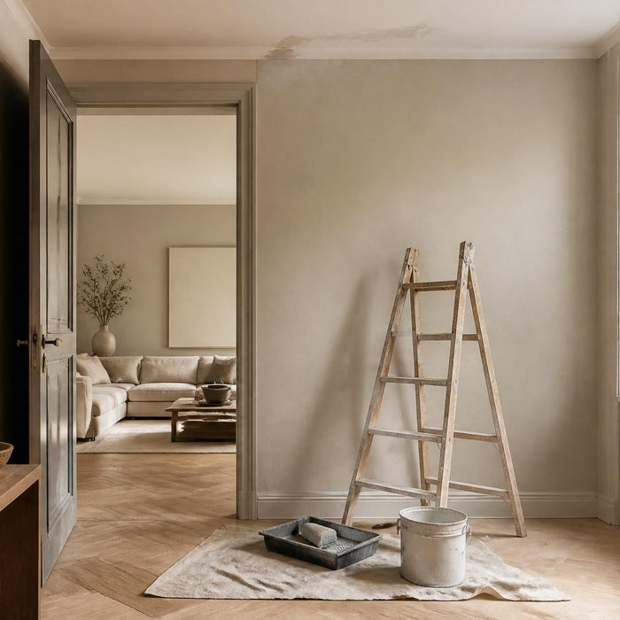 Stijlvolle woonkamer met een subtiele vochtplek op het plafond en schildervoorbereiding in warm daglicht.