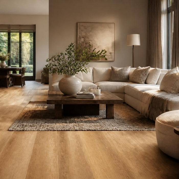 Stijlvolle woonkamer met een warme PVC vloer in houtlook en veel daglicht