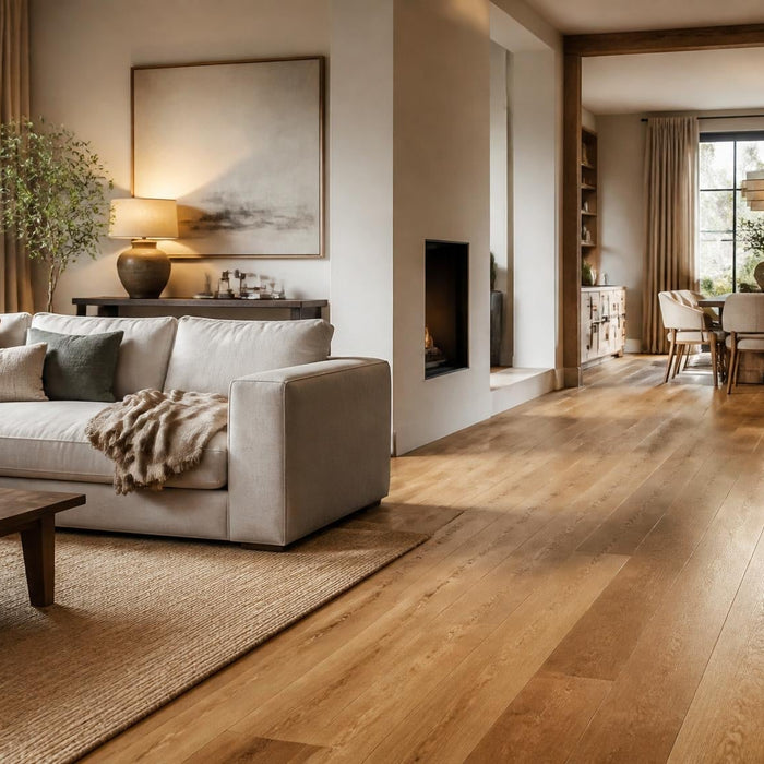 Stijlvolle woonkamer met goed onderhouden houten vloer in warm daglicht