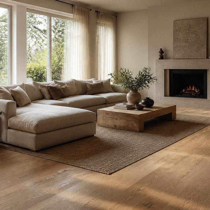 Stijlvolle woonkamer met houten vloer in lichte warme eik en rustige luxe inrichting