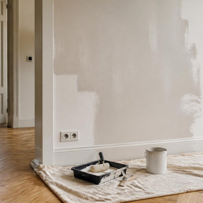Stijlvolle woonruimte met een muur die wordt voorbereid met primer, in warm daglicht en een rustige luxe sfeer.
