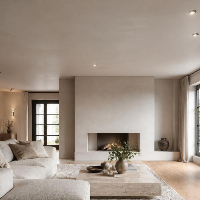 Strakke woonkamer met glad gestuct plafond in warme natuurlijke woonstijl