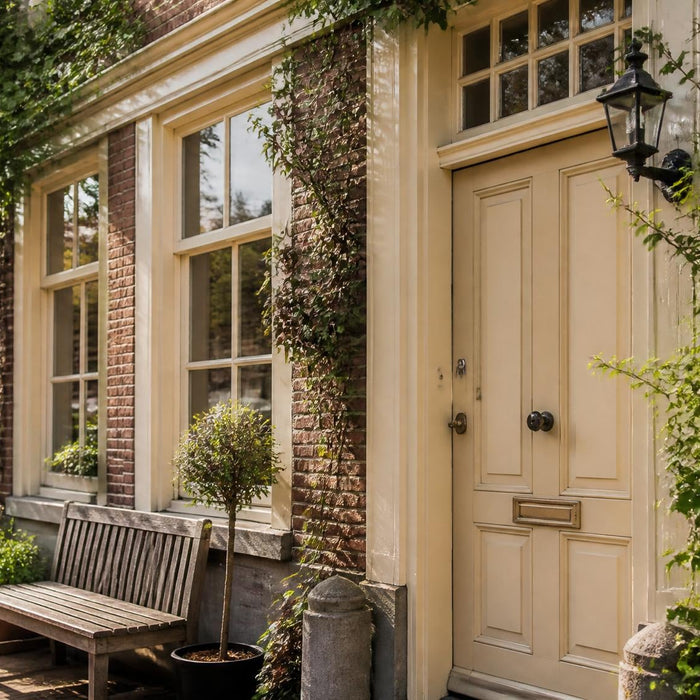 Verzorgde Nederlandse woning met geschilderde kozijnen en deur in warm daglicht