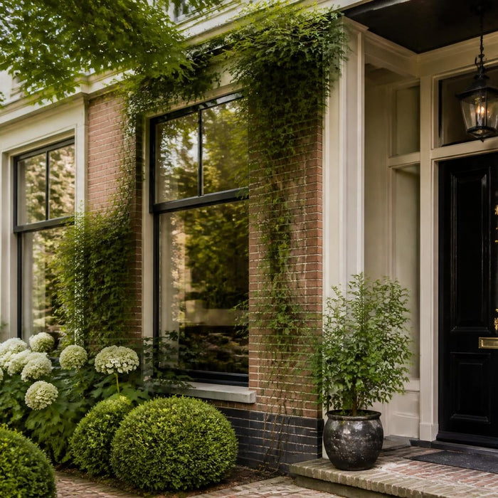 Verzorgde Nederlandse woning met goed onderhouden buitenschilderwerk aan kozijnen, deur en boeidelen.