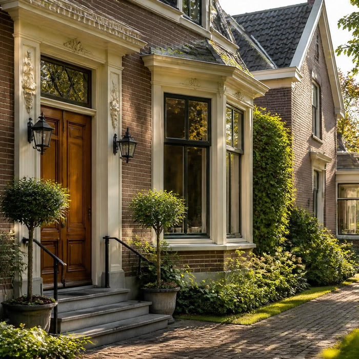 Verzorgde woninggevel met strak geschilderd houten kozijnwerk en voordeur in warm daglicht.