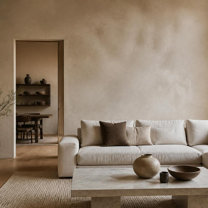 Warme woonkamer met een limewash muur in zachte beige tinten en een rustige luxe uitstraling.