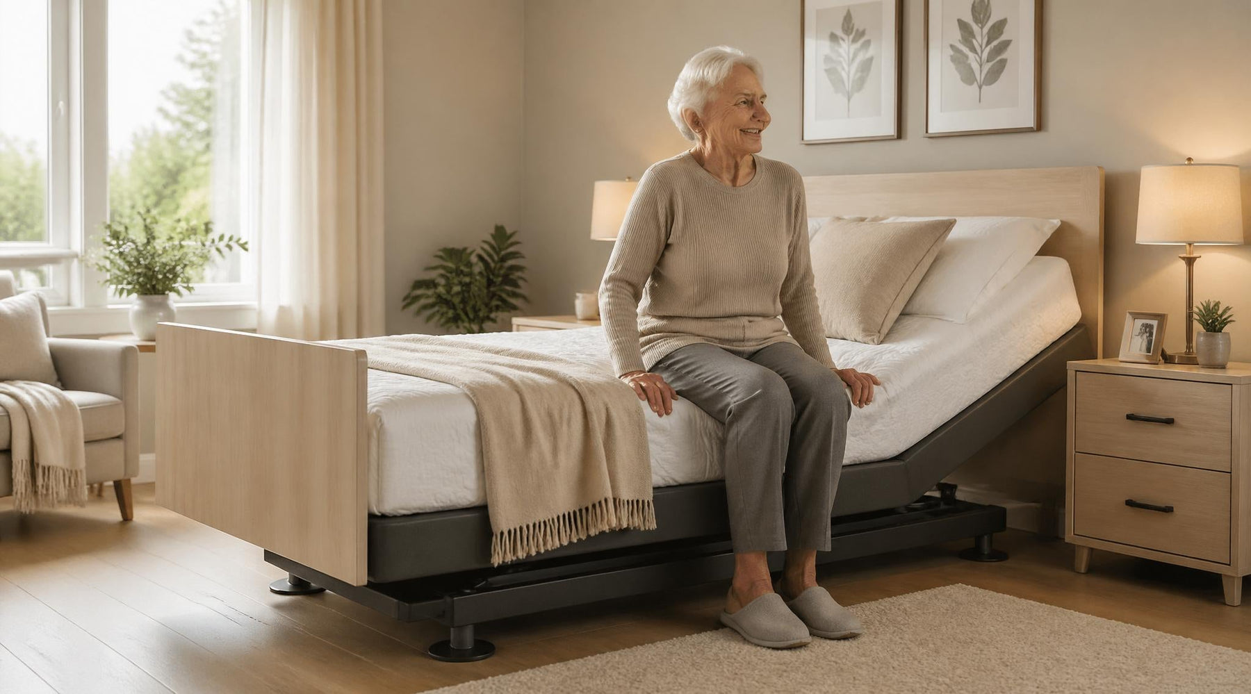 Hoog-laag seniorenbed met oudere persoon die comfortabel opstaat in een moderne slaapkamer