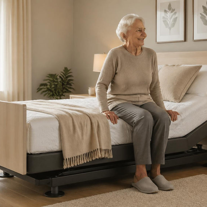 Hoog-laag seniorenbed met oudere persoon die comfortabel opstaat in een moderne slaapkamer