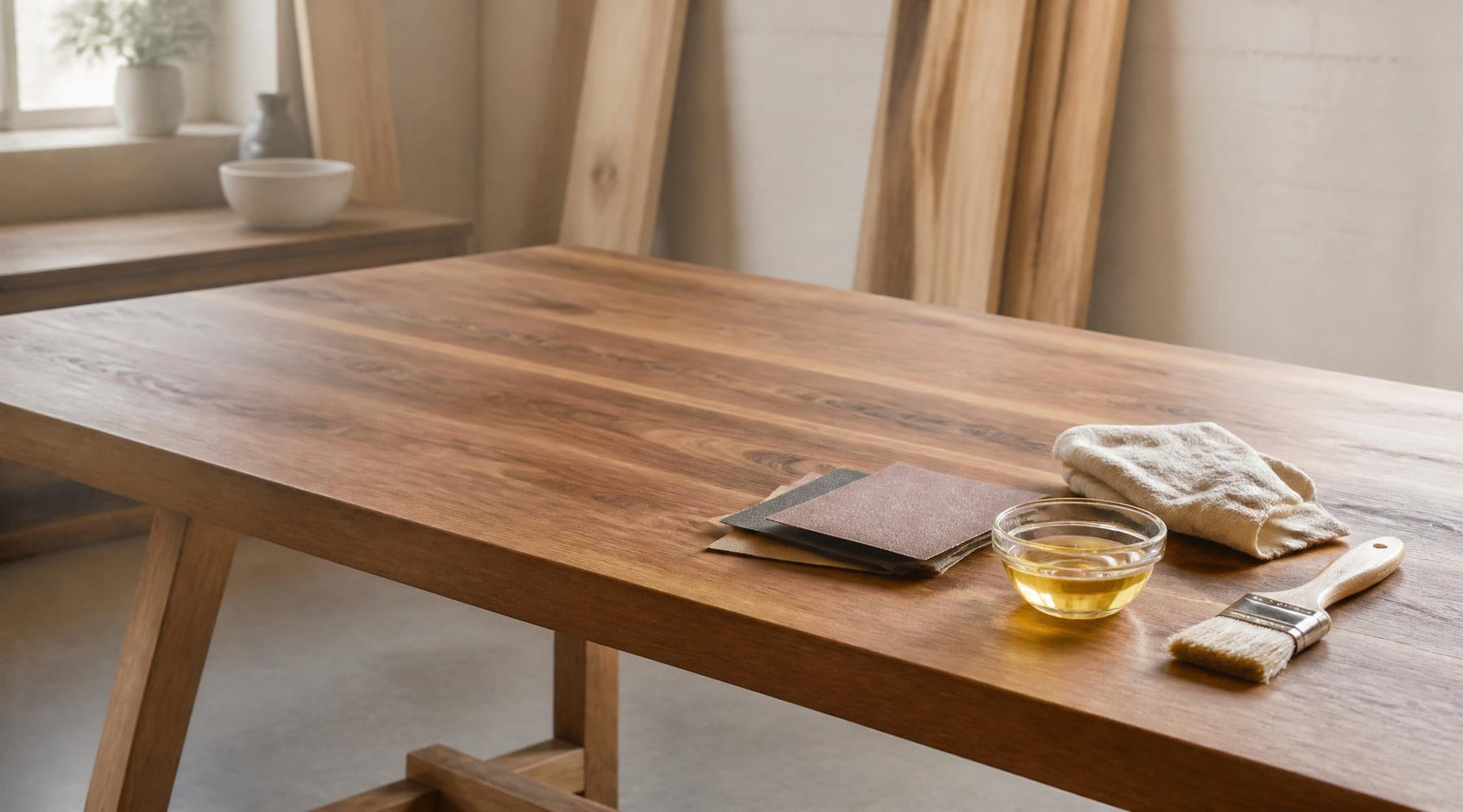 houten tafel behandelen met olie schuurpapier kwast en doek
