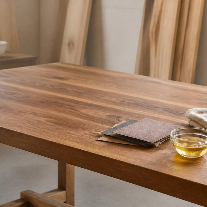 houten tafel behandelen met olie schuurpapier kwast en doek