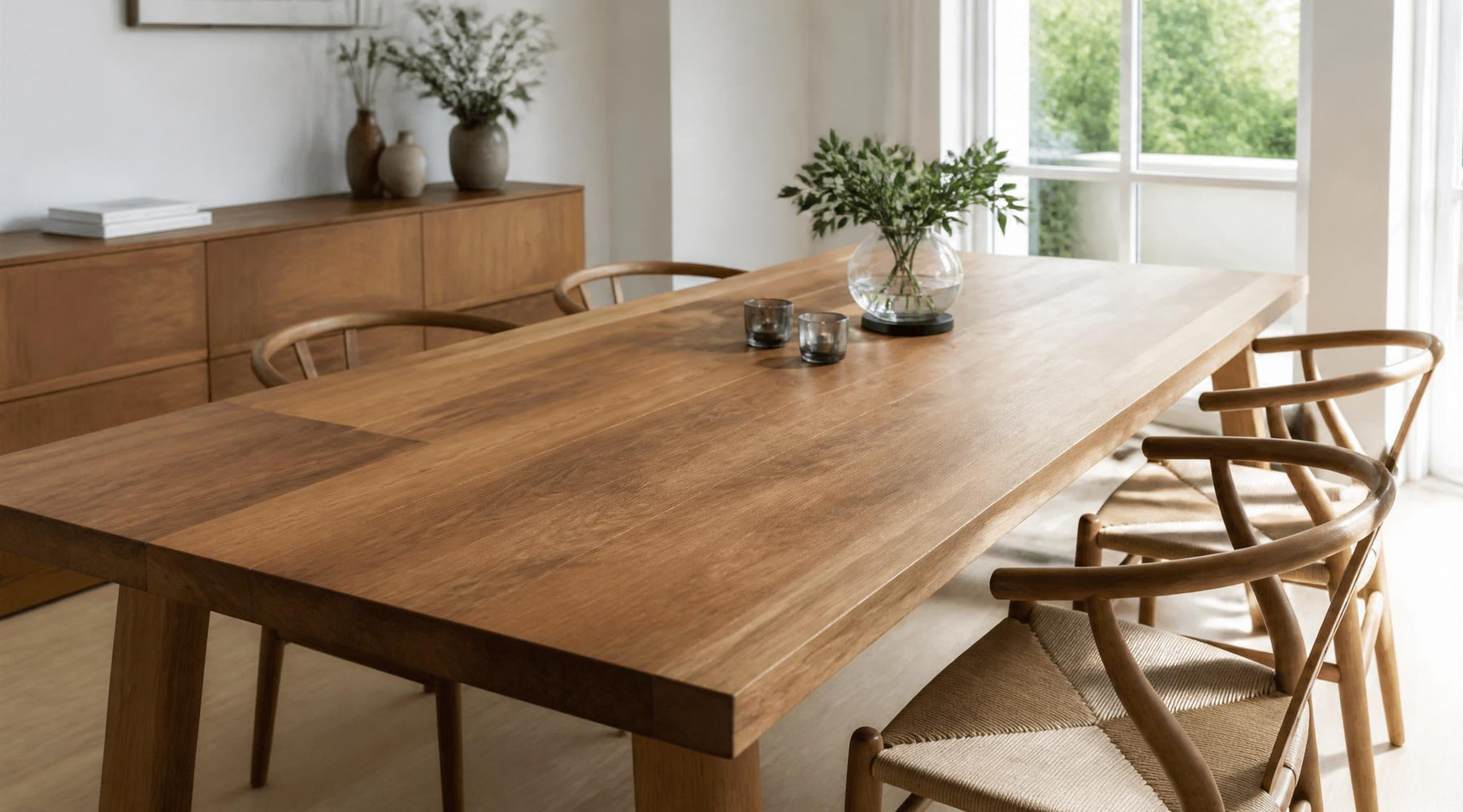 geoliede houten eettafel met zichtbare houtnerf in lichte eetkamer