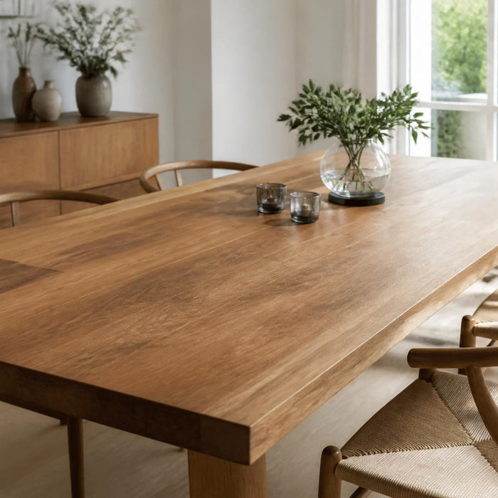 geoliede houten eettafel met zichtbare houtnerf in lichte eetkamer