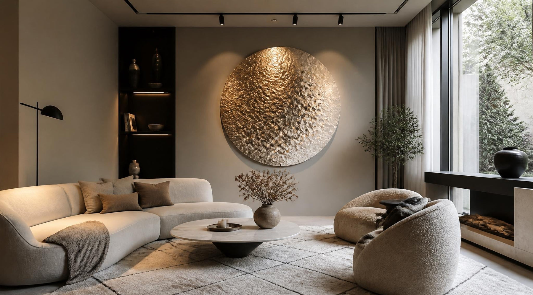 moderne woonkamer met opvallende wanddecoratie als iets aparts aan de muur