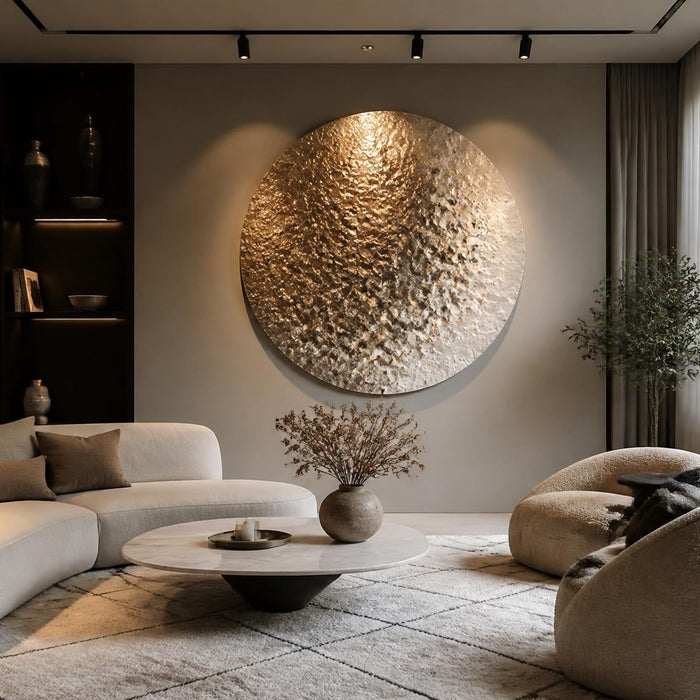 moderne woonkamer met opvallende wanddecoratie als iets aparts aan de muur