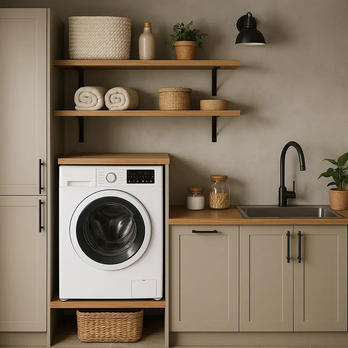 ingerichte bijkeuken met wasmachine