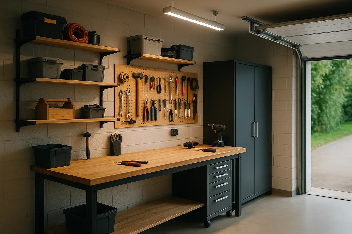 ingerichte garage als werkplaats