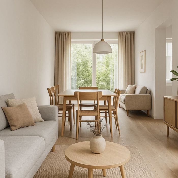 inrichting lange woonkamer