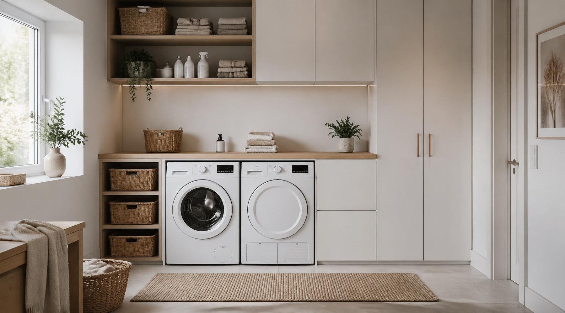 Kast voor wasmachine in moderne wasruimte met slimme opbergruimte en strak design