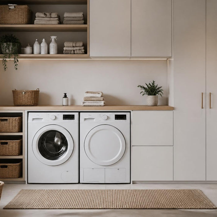 Kast voor wasmachine in moderne wasruimte met slimme opbergruimte en strak design