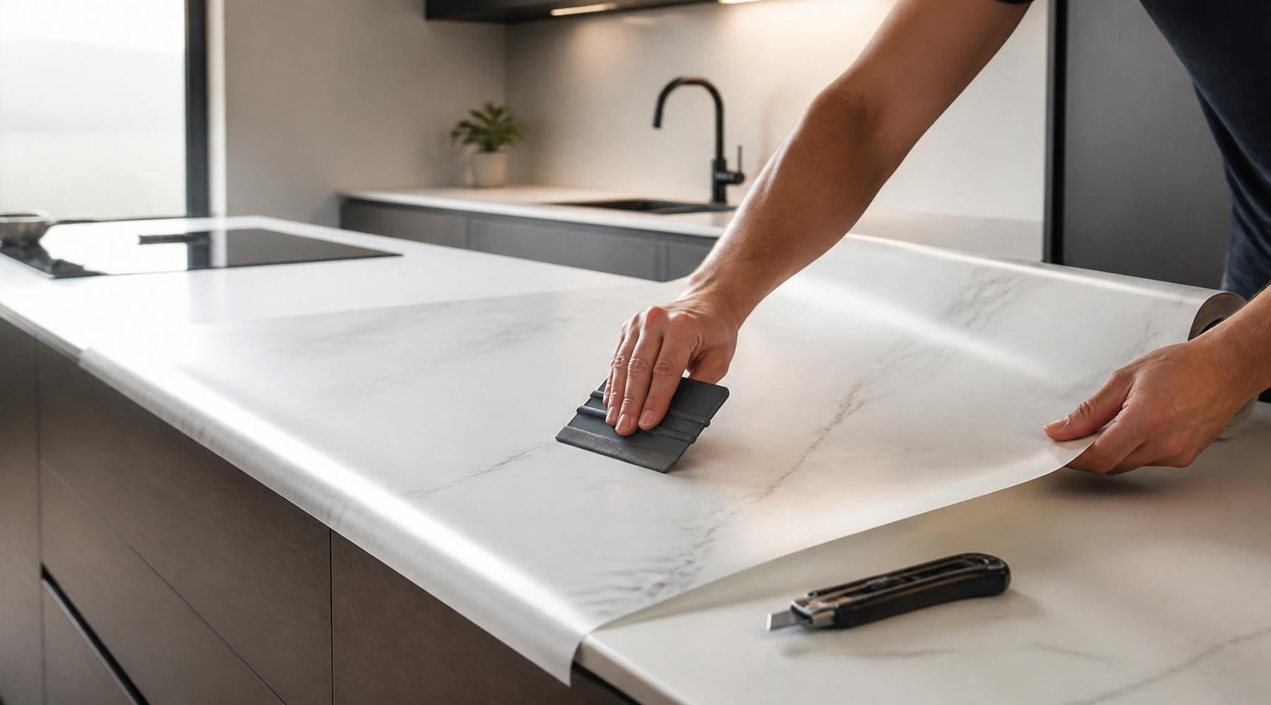keukenblad wrappen met interieurfolie rakel en snijmes