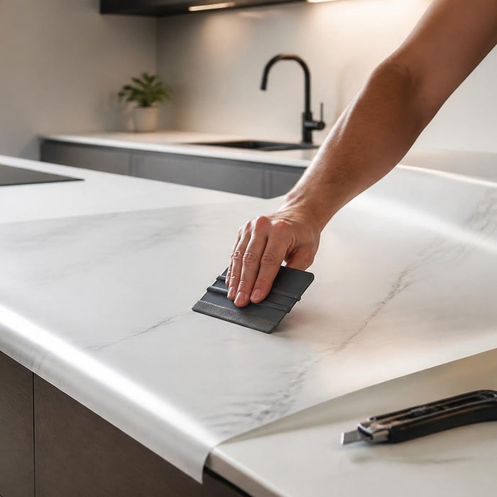 keukenblad wrappen met interieurfolie rakel en snijmes