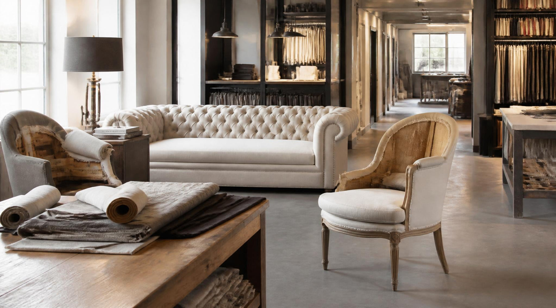 stoffeerderij met bank fauteuil en stoel die opnieuw bekleed worden