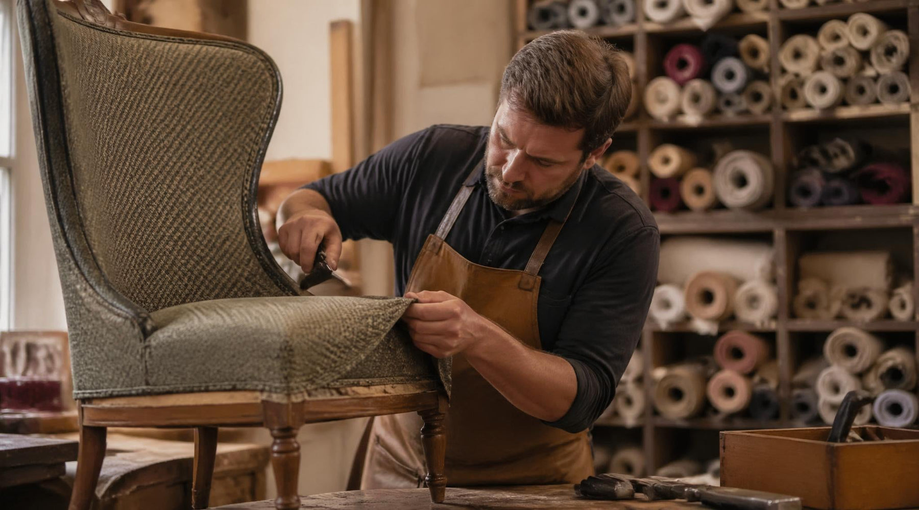 meubelstoffeerder bekleedt een stoel opnieuw in een atelier
