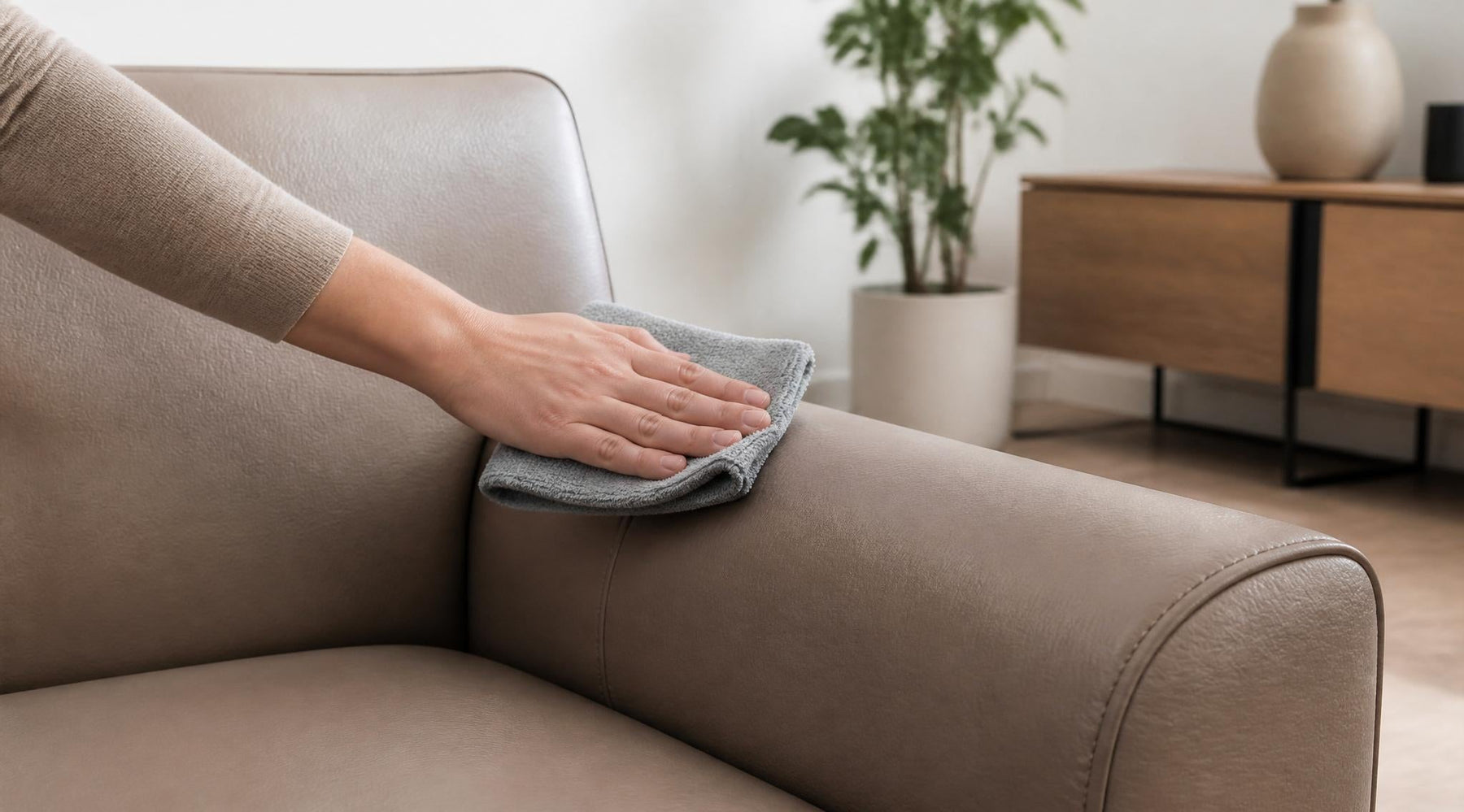 kunstleer schoonmaken met microvezeldoek op een kunstleren bank