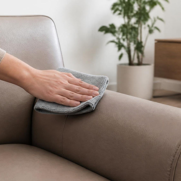 kunstleer schoonmaken met microvezeldoek op een kunstleren bank