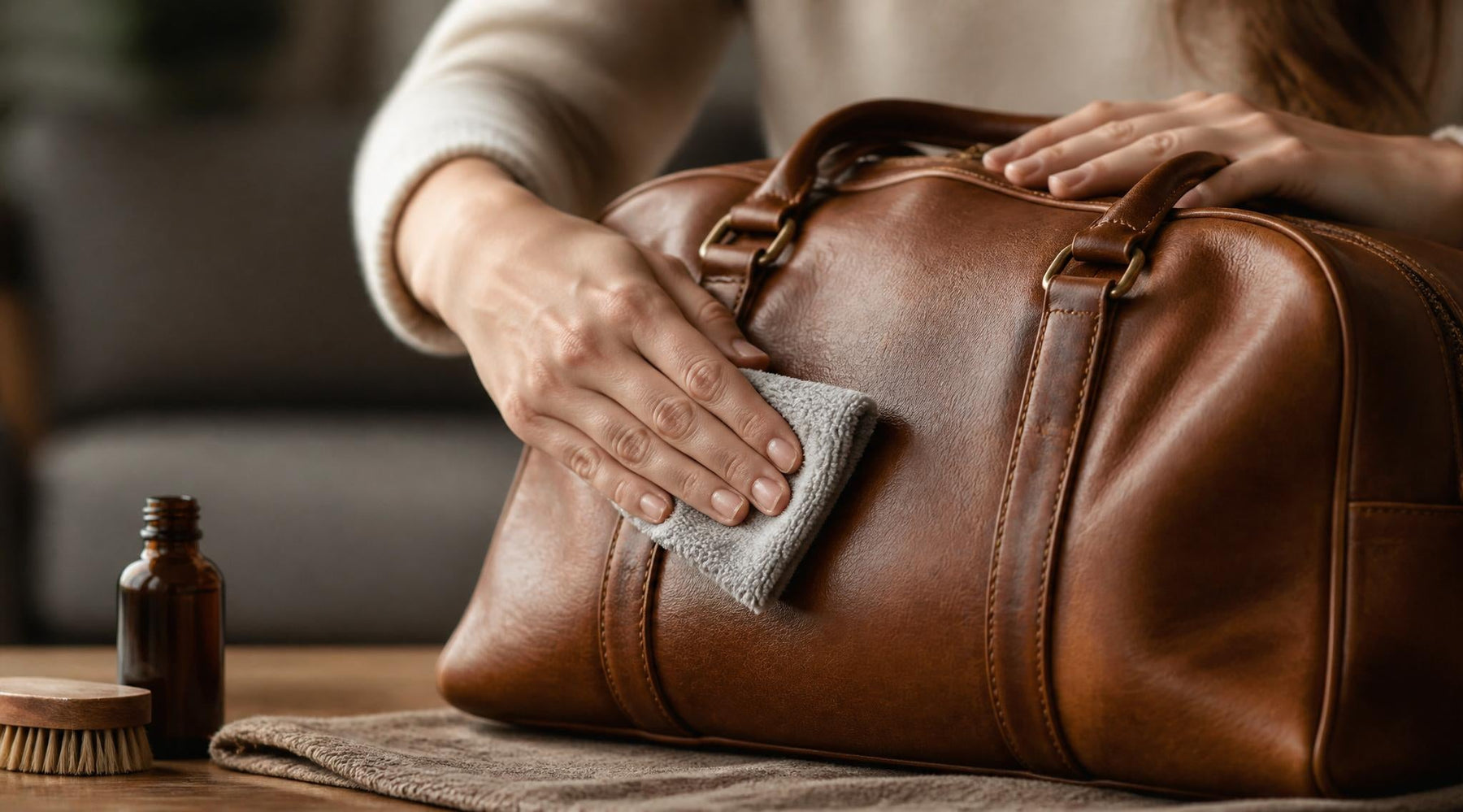 leer onderhoud met microvezeldoek en leerreiniger op leren oppervlak