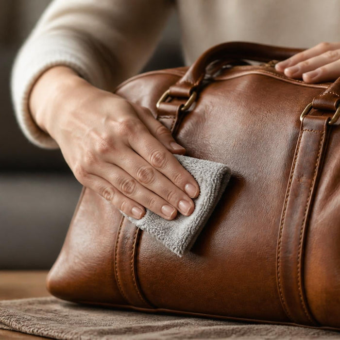 leer onderhoud met microvezeldoek en leerreiniger op leren oppervlak