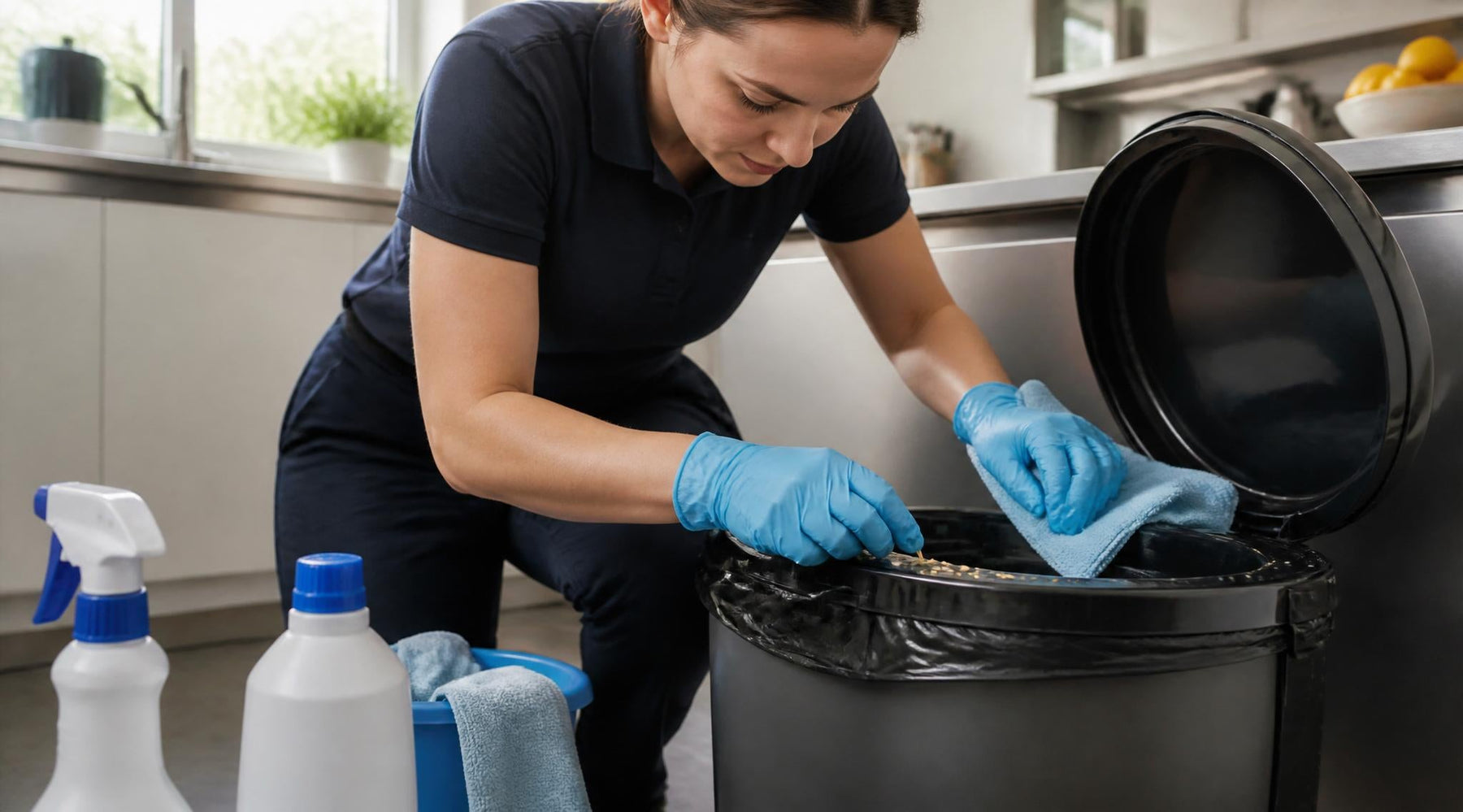 maden verwijderen uit prullenbak in keuken met handschoenen en schoonmaakmiddelen