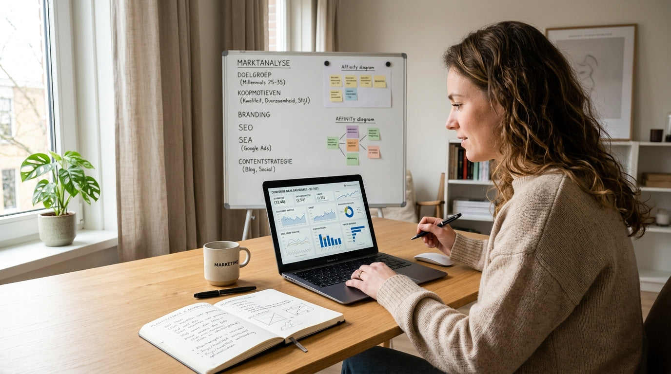 Marketeer analyseert koopmotieven en klantfeedback op laptop met dashboard en notities voor betere SEO en conversie