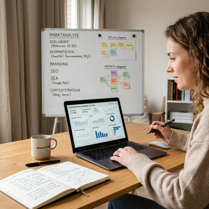Marketeer analyseert koopmotieven en klantfeedback op laptop met dashboard en notities voor betere SEO en conversie