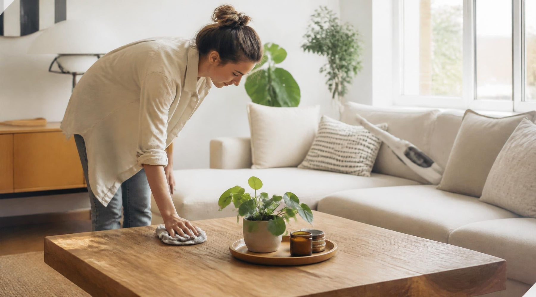 meubelonderhoud uitvoeren in een woonkamer met houten tafel en stoffen bank