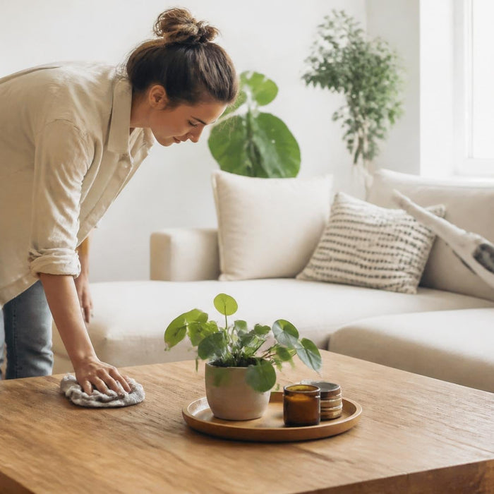 meubelonderhoud uitvoeren in een woonkamer met houten tafel en stoffen bank
