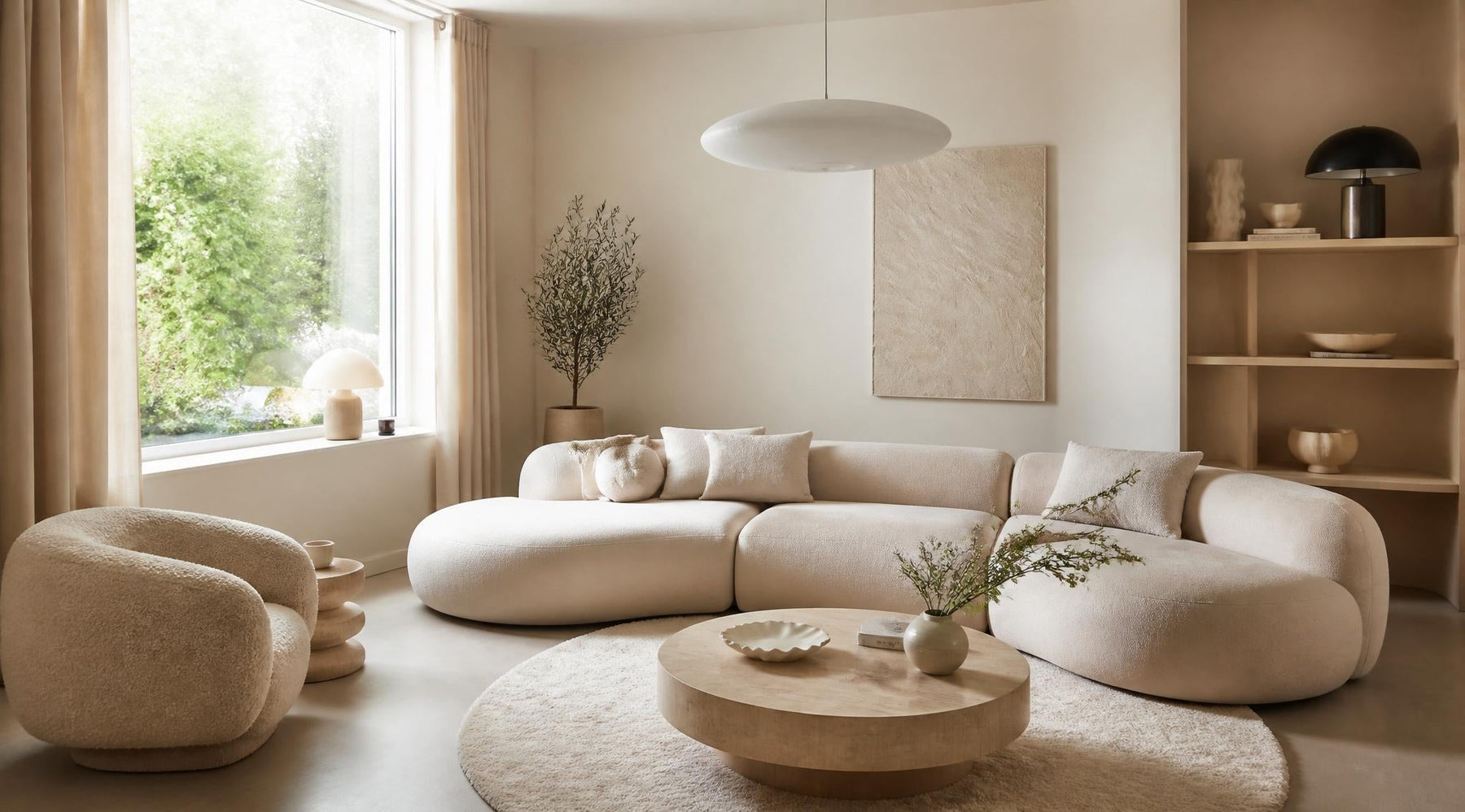 lichte woonkamer met neotenic design ronde meubels bouclé fauteuil en warme neutrale tinten