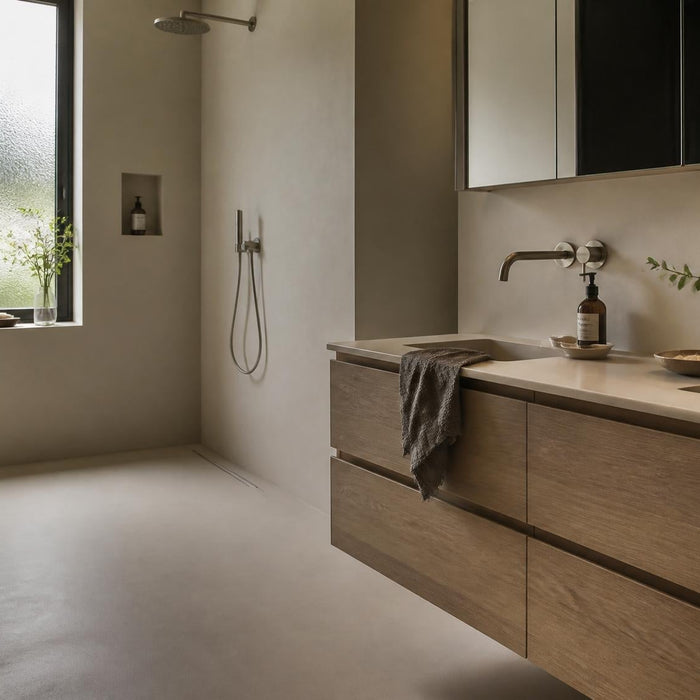 Moderne badkamer met gietvloer in zachte taupekleur en rustige luxe afwerking.