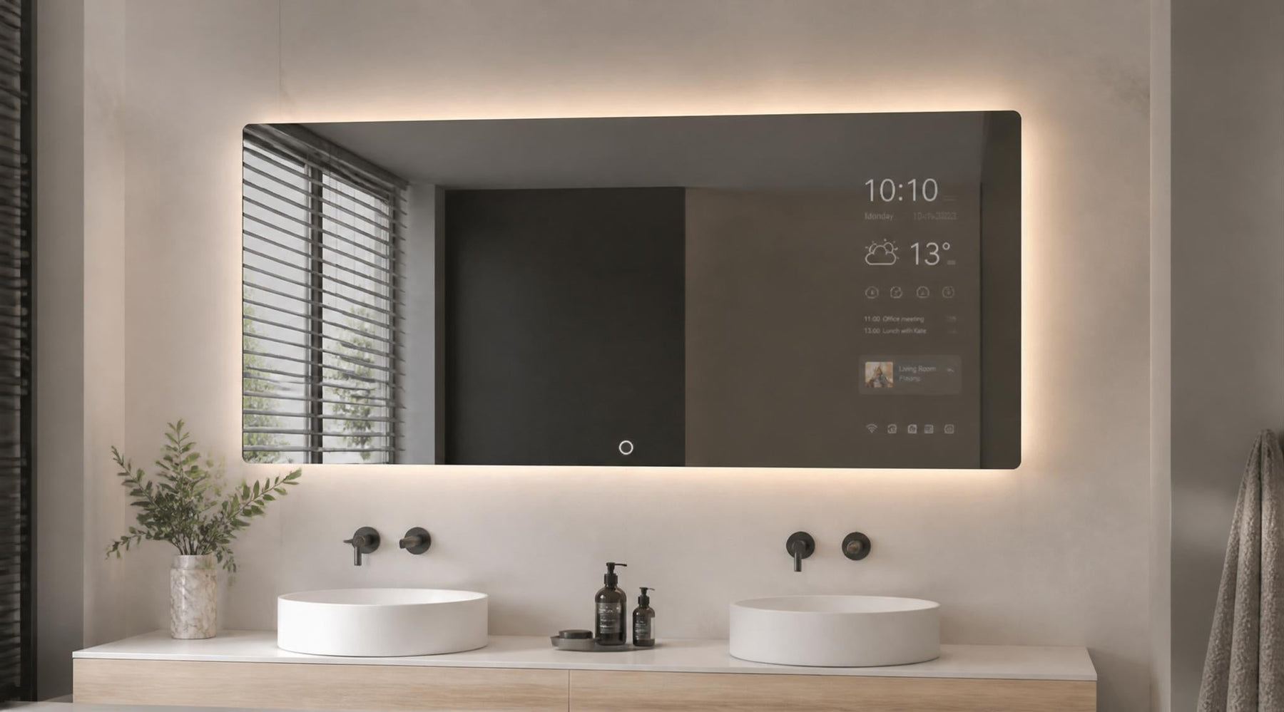 moderne slimspiegel met verlichting en digitaal scherm correct gemonteerd in badkamer