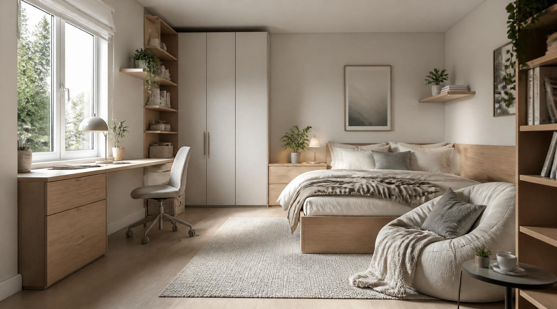 moderne tienerkamer met bed bureau opbergruimte en relaxhoek