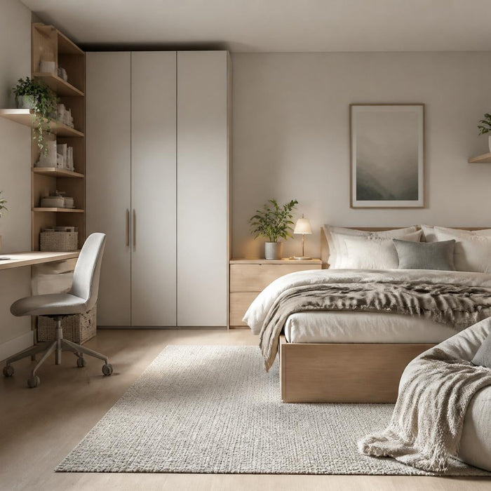 moderne tienerkamer met bed bureau opbergruimte en relaxhoek