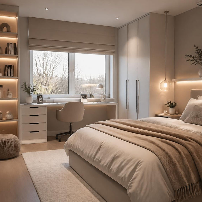 stijlvolle tienerkamer voor meiden met bed bureau en opbergruimte
