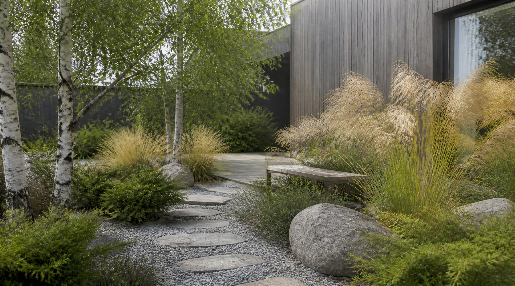 rustige tuin in baltische stijl met siergrassen berken granieten pad en vergrijsd hout