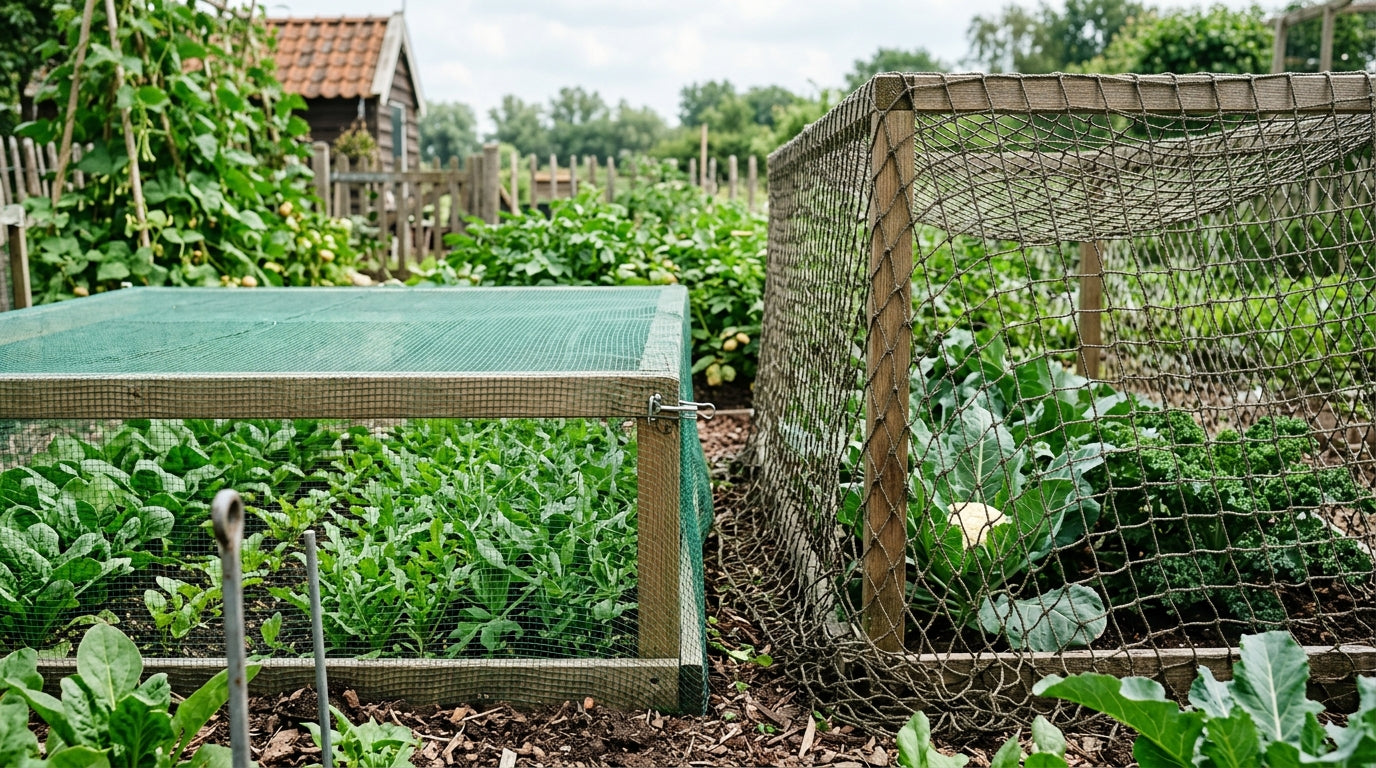 Tuinnet fijnmazig en grofmazig naast elkaar in een moestuin met planten en duidelijk zichtbaar verschil in maasgrootte