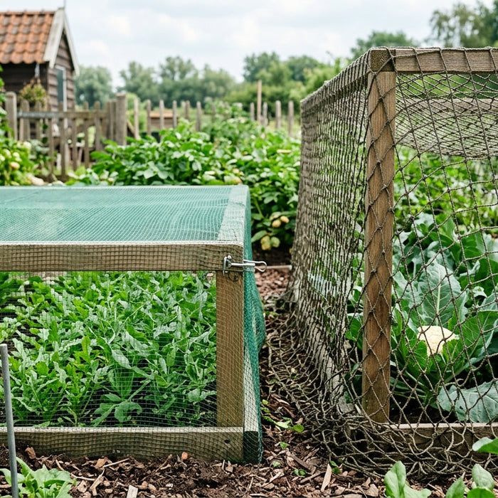 Tuinnet fijnmazig en grofmazig naast elkaar in een moestuin met planten en duidelijk zichtbaar verschil in maasgrootte